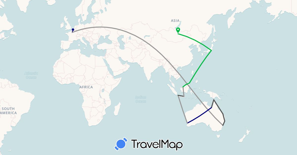 TravelMap itinerary: driving, bus, plane, motorbike in Australia, Brunei, France, Indonesia, Japan, Mongolia, Malaysia (Asia, Europe, Oceania)